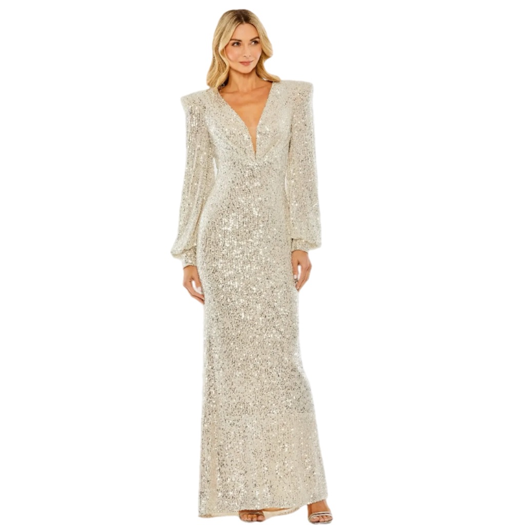 Nwt Ieena For Mac Duggal $398 Msrp Nude & Silver Sequin Long Sleeve Formal Gown